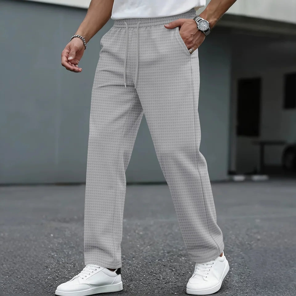 Men's new wide-checkered drawstring casual pants - lightweight, breathable, solid color, comfortable straight-leg trousers