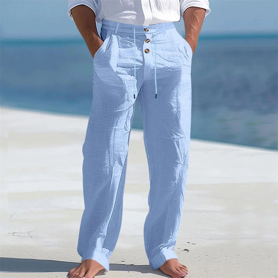 Men's Autumn Spring Cotton Pants Casual Breathable Cozy Trousers Button Drawstring Design Beach Style Vacation Long Pants
