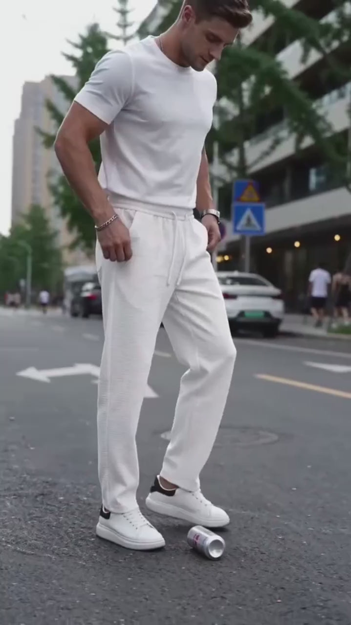 Men's new wide-checkered drawstring casual pants - lightweight, breathable, solid color, comfortable straight-leg trousers
